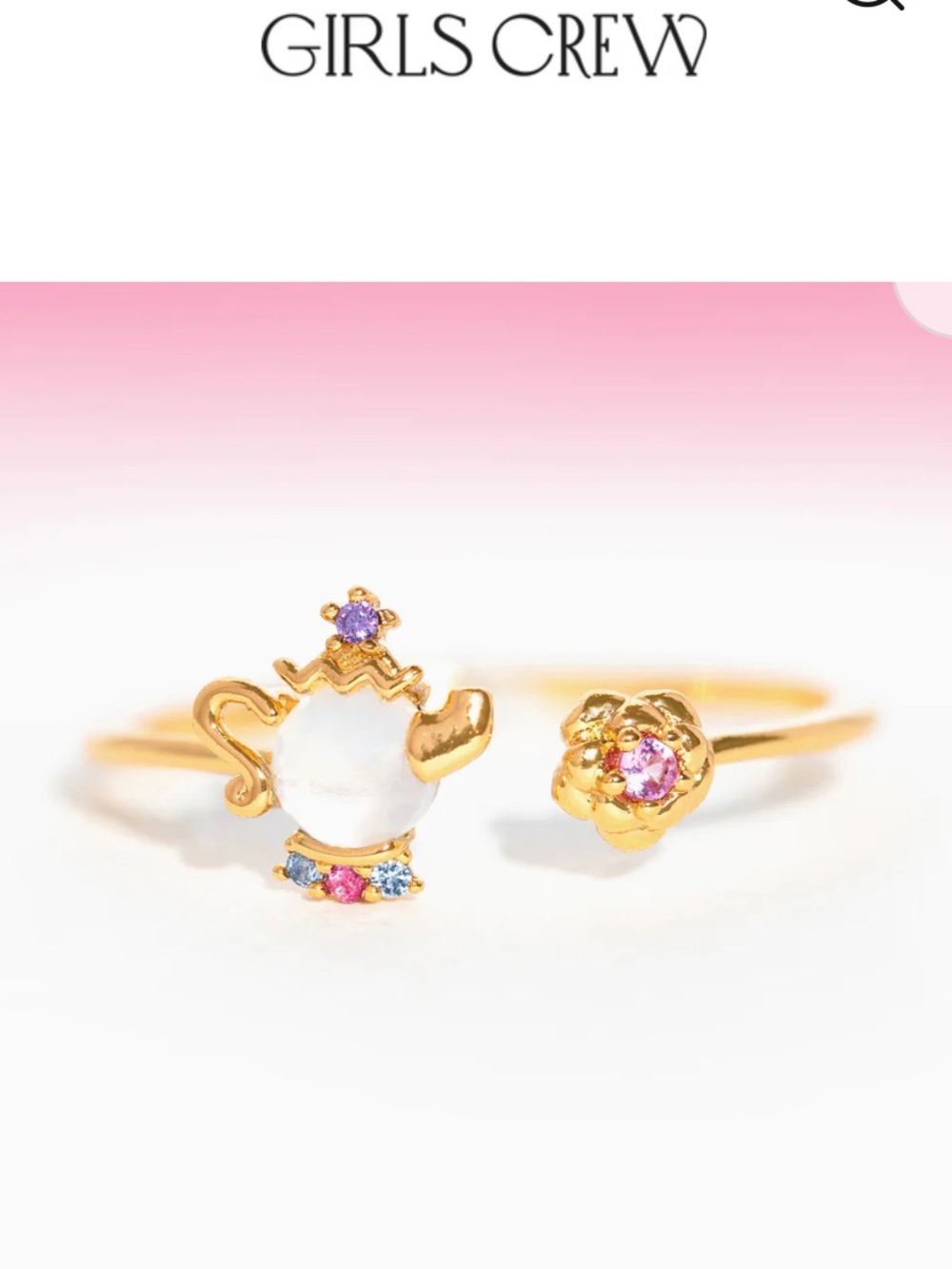 Girls Crew Gold Teapot & Rose Adjustable Ring & Gold Chip Ring.
